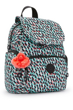 Kipling City Zip Mini Backpack with Adjustable Straps. A mini backpack with adjustable straps, zip/magnetic closure, interior and exterior pockets, Kipling logo and monkey chain, and an all over abstract print.