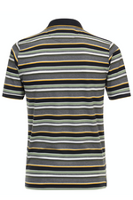 Casa Moda Striped Polo. A casual fit polo with short sleeves, collar, button placket, and yellow multicoloured striped pattern.