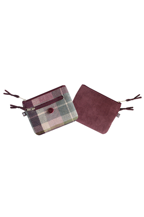 Earth Squared Emily Purse. A coin and card purse with two zipped compartments, satin button, and tweed design in the style Aberlady.