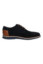 Bugatti Simone Comfort Shoe. Men's smart shoes with lace-up fastening, and a navy design with tan accents at the heel and laces.