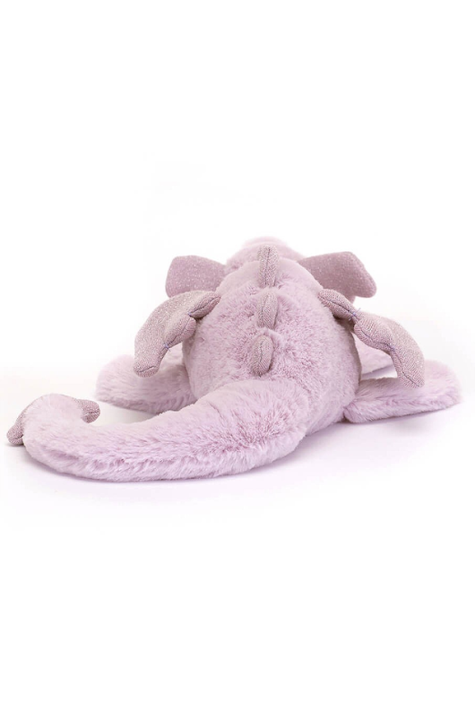 Jellycat Little Dragon. A lavender coloured soft toy dragon with sparkly ears, wing and spines, long tail and fluffy fur.