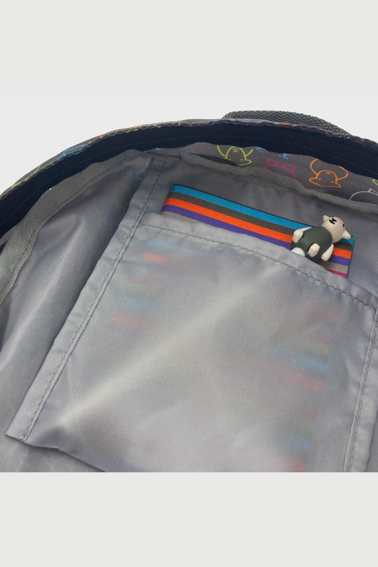 The Herdy Company Marra Foldaway Backpack in navy with a colourful sheep outline design.