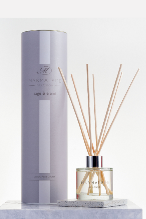 Marmalade of London Luxury Reed Diffuser 100ml - Sage & Elemi scent in pale purple paackaging