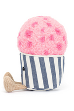 Jellycat Amuseable Gelato. A soft toy with pink gelato scoop, waffle feet and striped blue and cream tub.
