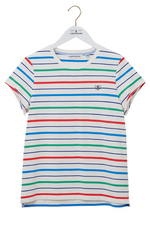 Lighthouse Causeway T-Shirt. A short sleeve t-shirt with a scoop neckline, a curved hem and a green, blue and red striped design