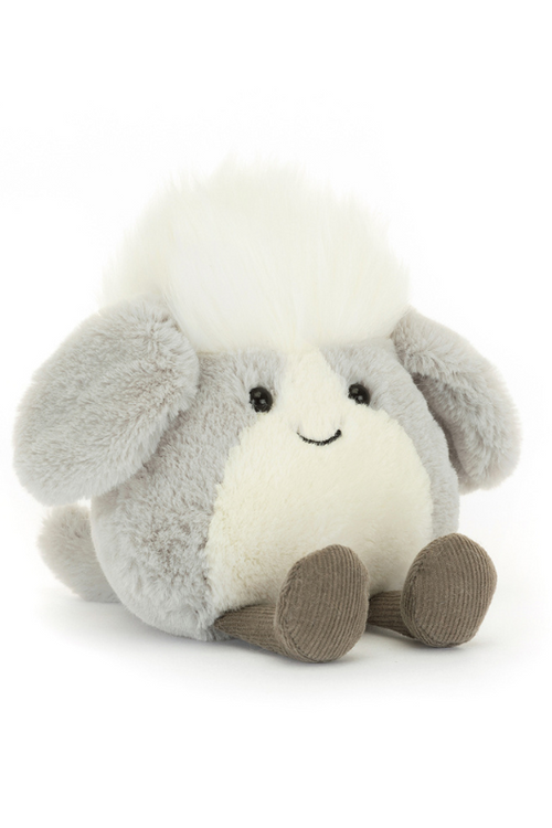 Jellycat Amuseabean Sheepdog. A sheepdog soft toy with tufty fur, floppy ears, waggy tail, and smiling face.
