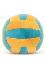 Jellycat Amuseable Sports Beach Volley. A plush volleyball with smiling face, blue and white stripes, sun cream lines, and sandals.