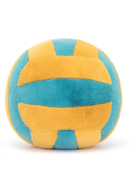 Jellycat Amuseable Sports Beach Volley. A plush volleyball with smiling face, blue and white stripes, sun cream lines, and sandals.