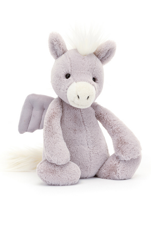 Jellycat Bashful Pegasus. A soft toy Pegasus with soft lilac fur, stitched fluttery wings, and suedette muzzle. 