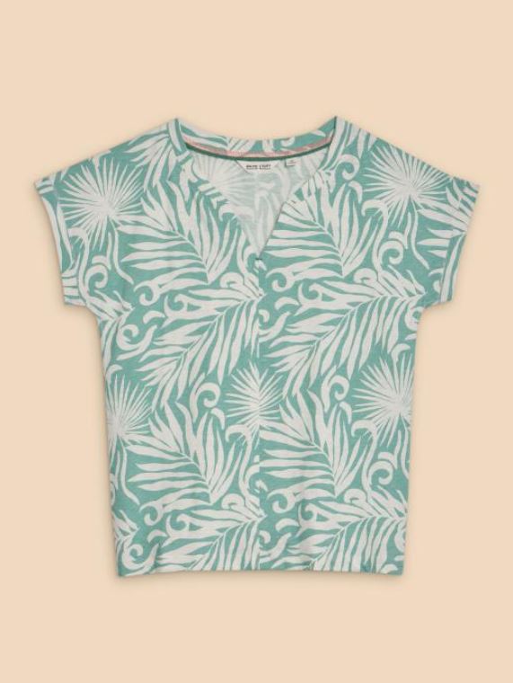 White Stuff Nelly Notch Neck Tee. A regular fit T-shirt with short sleeves, notch neck detail and eye-catching teal print.