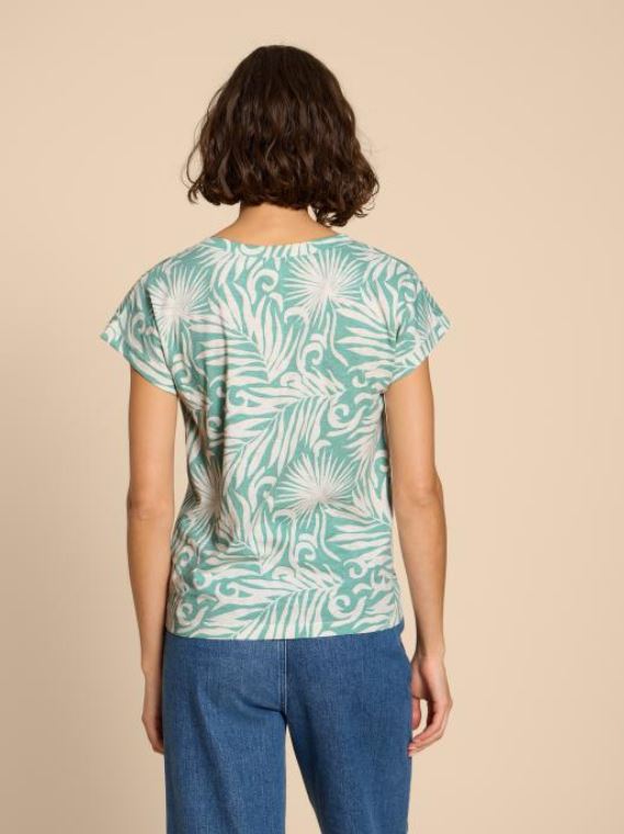 White Stuff Nelly Notch Neck Tee. A regular fit T-shirt with short sleeves, notch neck detail and eye-catching teal print.