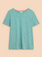 White Stuff Abbie Tee. A short-sleeved, women's t-shirt with a crew neck, a regular fit, and a plain teal design.