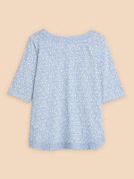 White Stuff Weaver Jersey Top. A regular fit top with 3/4 length sleeves and slash neck in a delicate blue print.