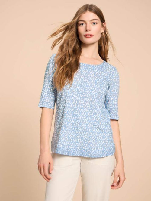 White Stuff Weaver Jersey Top. A regular fit top with 3/4 length sleeves and slash neck in a delicate blue print.