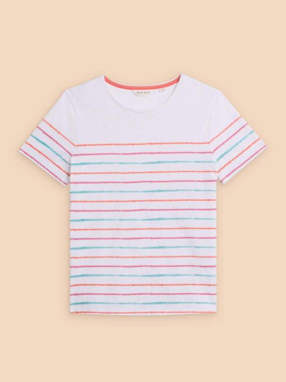 White Stuff Abbie Stripe Tee. A regular fit, women's t-shirt with short sleeves, a crew neckline, and a colourful stripe design.