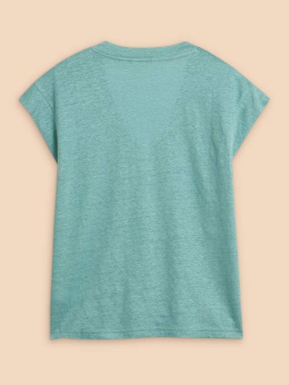 White Stuff Ivy Linen Tee. A relaxed fit, women's t-shirt with short sleeves, a flattering V-neck, and a plain teal design.