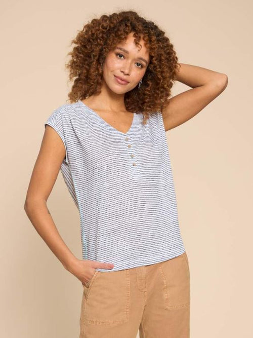 White Stuff Nina Linen Tank. A relaxed fit sleeveless top with V-neck and gathered shoulders in a white and blue striped print. 