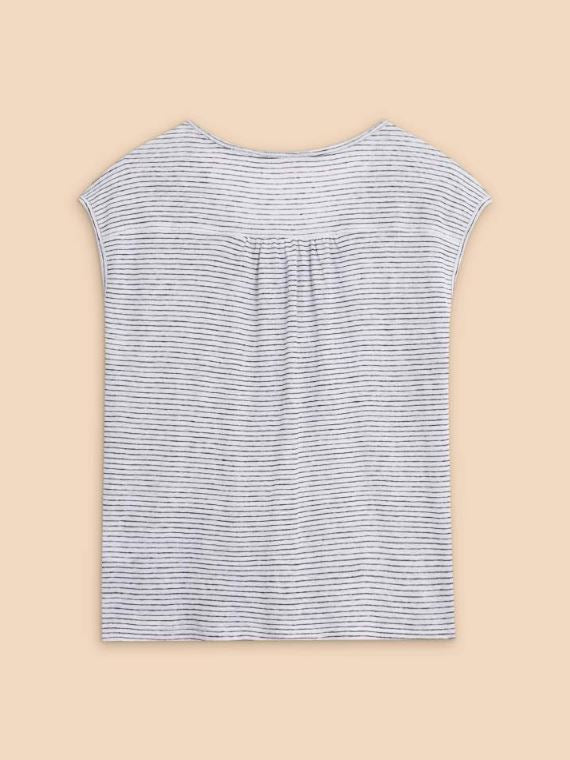 White Stuff Nina Linen Tank. A relaxed fit sleeveless top with V-neck and gathered shoulders in a white and blue striped print.