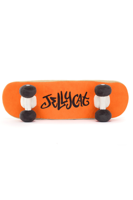 Jellycat Amuseable Sports Skateboarding. A soft toy skateboard with smiling face, trainers, wheels, and orange back complete with 'Jellycat' graffiti.