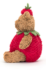 Jellycat Bartholomew Bear Strawberry. A brown teddy bear wearing a red strawberry costume and hat.