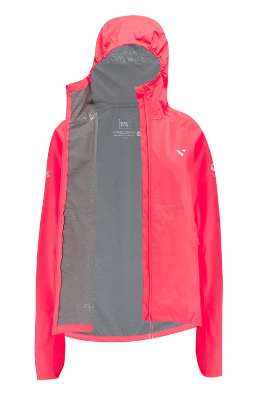 Mac in a Sac Ultralite Jacket. A lightweight packable jacket that is water proof and windproof, featuring an ajustable hood with wire peak. This jacket is made from stretch fabric and is in the colour Watermelon.