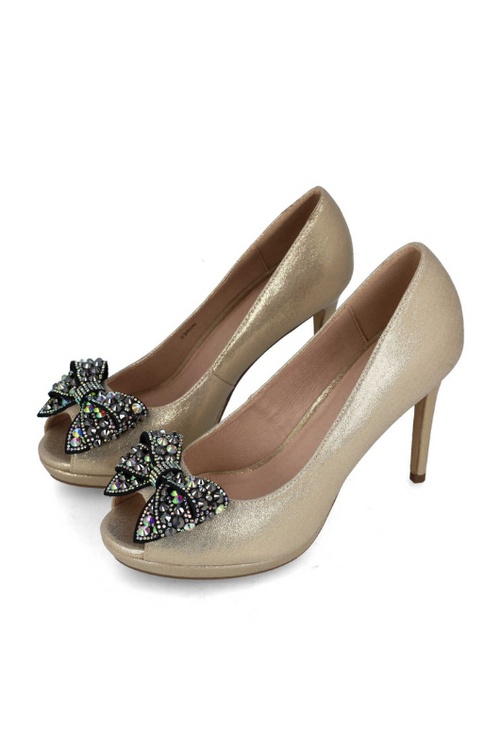 Menbur Embellished Slingback shoe with 9.5cm heel, open toe, and embellished bow detail at the front