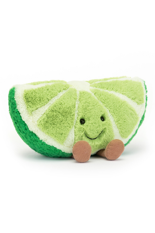 Jellycat Amuseable Slice of Lime. A soft toy green lime slice with smiling face and little legs.