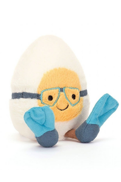 Jellycat Amuseable Boiled Egg Scuba. A boiled egg soft toy wearing blue flippers and goggles, with a smiling face.