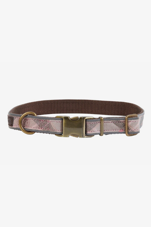 An image of the Barbour Reflective Tartan Dog Collar in the colour Taupe/Pink Tartan.