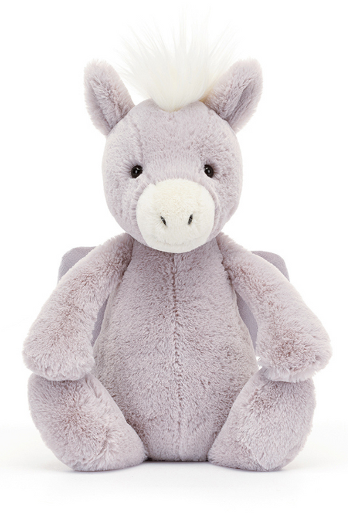 Jellycat Bashful Pegasus. A soft toy Pegasus with soft lilac fur, stitched fluttery wings, and suedette muzzle.