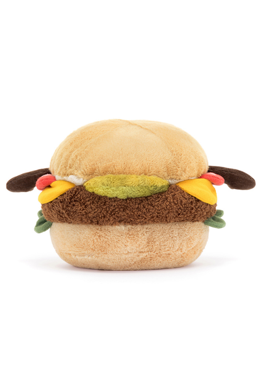 Jellycat Amuseable Burger. A soft toy burger with all the fixings, complete with a smiling face and arms.