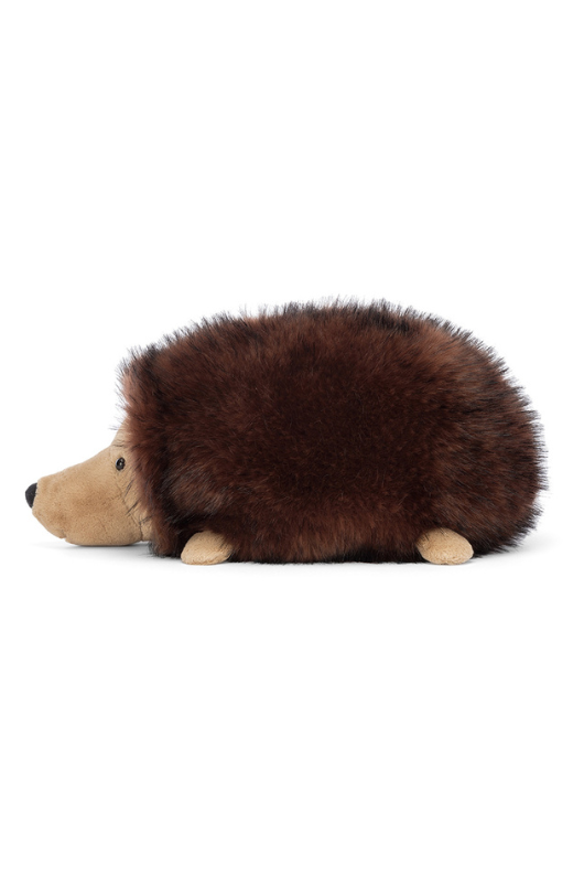 Jellycat Hamish Hedgehog. A soft toy hedgehog with fluffy brown spines, cute little paws, and smiling face.