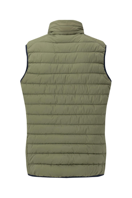 Fynch-Hatton Padded Gilet. A casual fit, men's gilet with a cosy stand-up collar, side pockets, zip fastening, and a cool dusty olive green design.