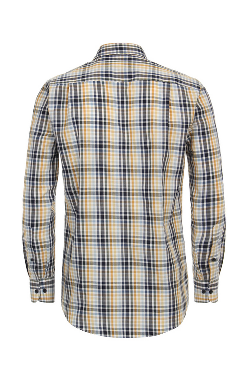 Casa Moda Long Sleeve Check Shirt. A long sleeve shirt with yellow check pattern in a slightly fitted style. This shirt has a Kent collar and button fastening.