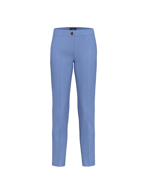 Emme Edile Trouser. A slim fit trouser with regular waist, belt loops and zip/button closure, in the colour light blue.