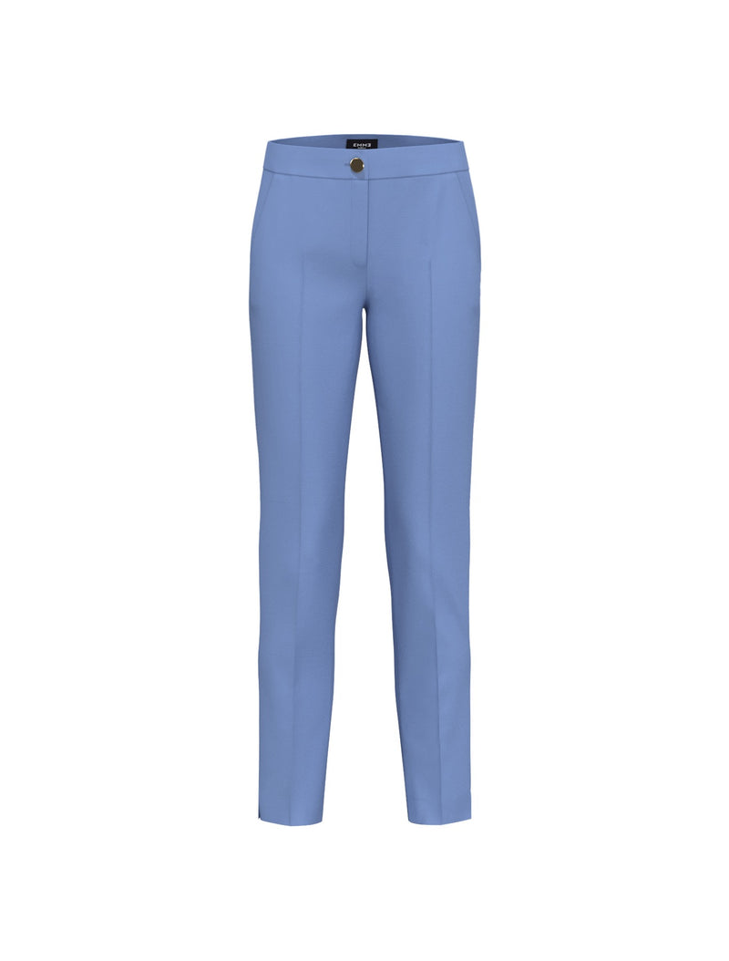 Emme Edile Trouser. A slim fit trouser with regular waist, belt loops and zip/button closure, in the colour light blue.
