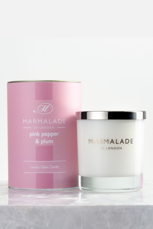 Marmalade of London Luxury Glass Candle - Pink Pepper & Plum scent in pink packaging