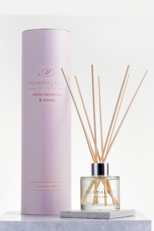 Marmalade of London Luxury Reed Diffuser 100ml - White Nectarine & Honey scent in pink packaging.