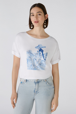 Oui Lady Print T-Shirt. A classic fit white T-shirt with short sleeves and round neckline, featuring a blue motif print of a lady.