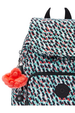 Kipling City Zip Mini Backpack with Adjustable Straps. A mini backpack with adjustable straps, zip/magnetic closure, interior and exterior pockets, Kipling logo and monkey chain, and an all over abstract print.