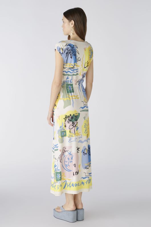 Oui Multi Print Dress. A midi length dress with short sleeves, V-neck, tie waist detail, and all-over unique print.