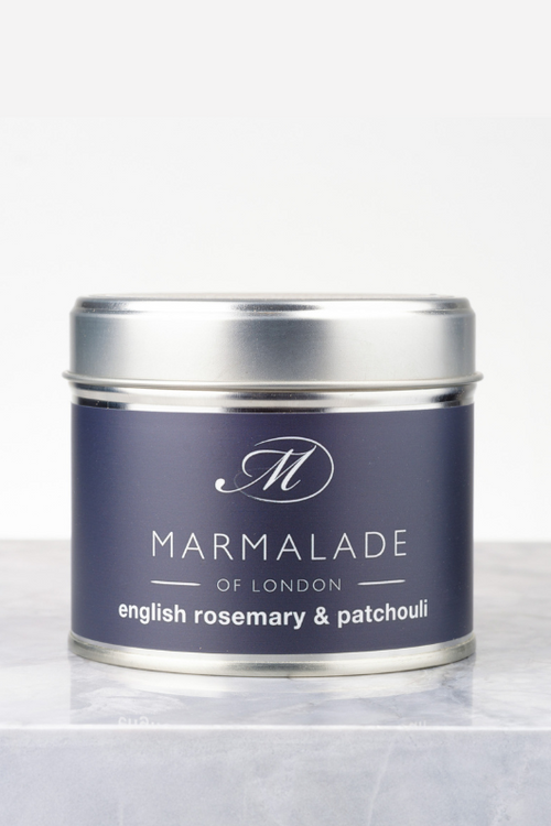 Marmalade of London Tin Candle - English Rosemary & Patchouli in dark blue packaging