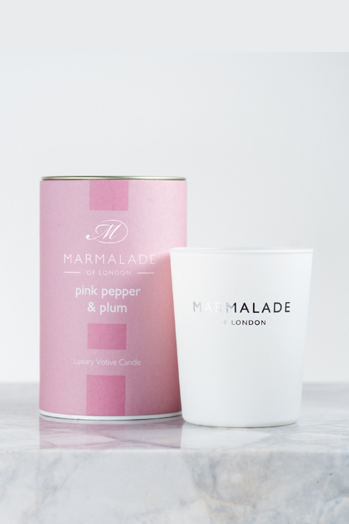 Marmalade of London Luxury Votive Candle - Pink Pepper & Plum Scent in pink packaging