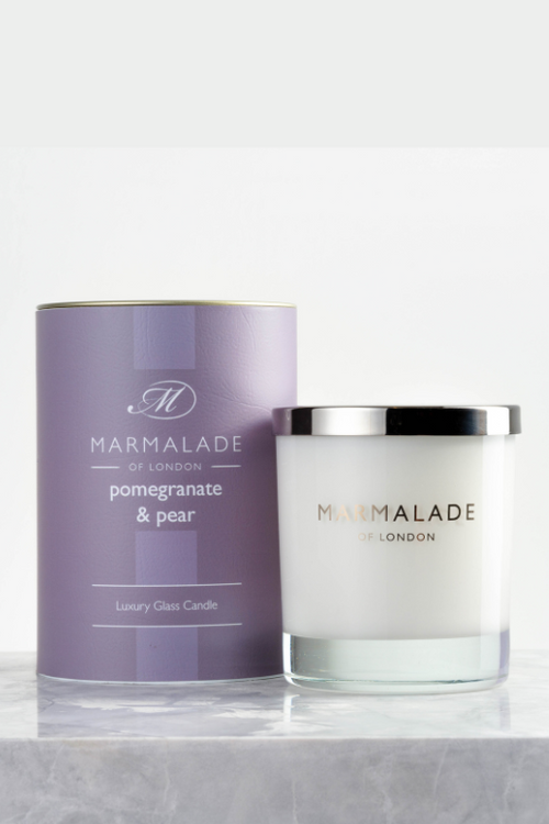 Marmalade of London Luxury Glass Candle - Pomegranate & Pear scent in purple packaging