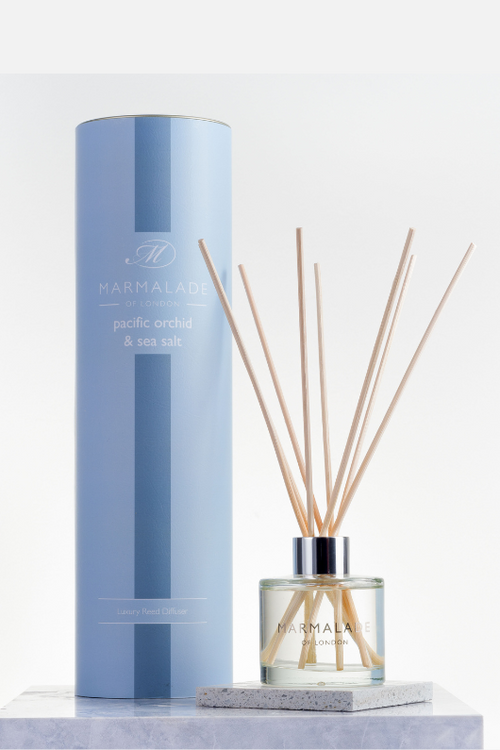 Marmalade of London Luxury Reed Diffuser - Pacific Orchid & Sea Salt scent in light blue packaging