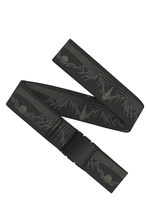 Arcade Belts Out Of Range. A stretch material belt with adjustable buckle in the colour Ivy Green, featuring a nature scene design.