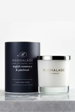 Marmalade of London Luxury Glass Candle - English Rosemary & Patchouli in dark blue packaging