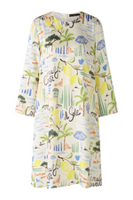 Oui Multi Print Shift Dress. A straight cut knee-length dress with 3/4 length sleeves, crew neck, and all-over unique print.