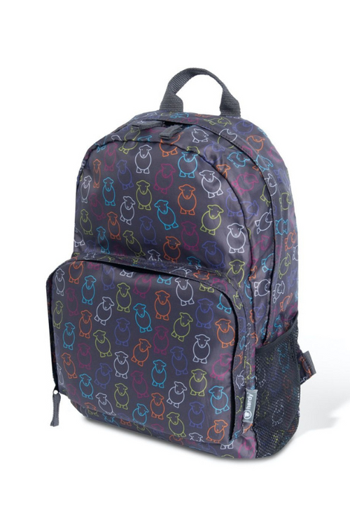 The Herdy Company Marra Foldaway Backpack in navy with a colourful sheep outline design.