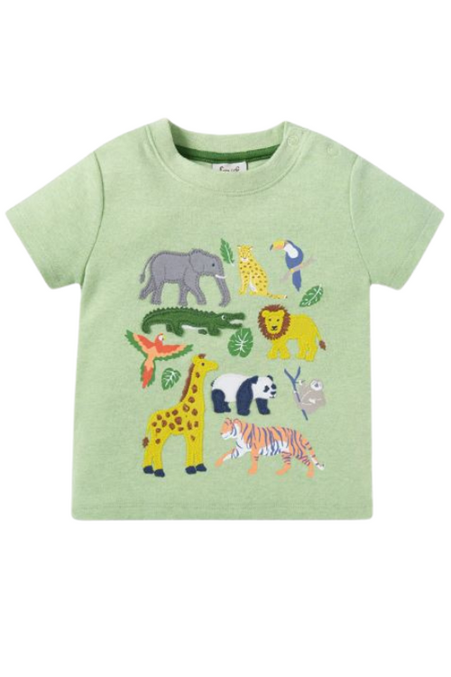 Frugi Little Creature Applique T-Shirt. A T-shirt with short sleeves, round neckline, shoulder poppers (up to 4 years), and animal applique on the front. This top is in the colour green.